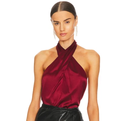 Novo com etiquetas- Theory 'Ertil B' Stretch-Silk Sleeveless Halter Top, Dália Vermelha - Pequeno - Imagem 1 de 3