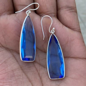 925 Sterling Silver Emerald Blue Glass Handmade Teardrop Hanging Women Earring - Picture 1 of 2