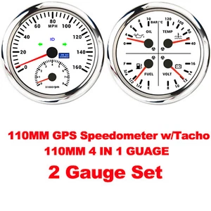 2 Gauge Set 110mm GPS Speedometer 160MPH W/Tacho&4 IN 1 Fuel/Temp/Oil/Volt Gauge - Picture 1 of 9