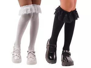 2 Pairs of Black and White Long High Ruffle Socks Lace Knee Socks Lolita Acce... - Picture 1 of 8