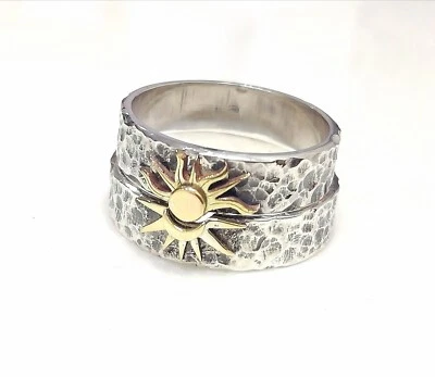 ANELLI COPPIA FEDI FIDANZAMENTO SOLE LUNA IN ARGENTO 925 MARTELLATO ARTIGIANALE  - Immagine 1 di 4