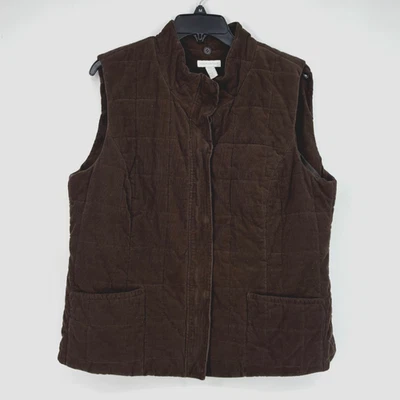 Charter Club Womens XL Zip Front Vest Brown Corduroy Quilted Stand Collar Pocket - Image 1 of 4