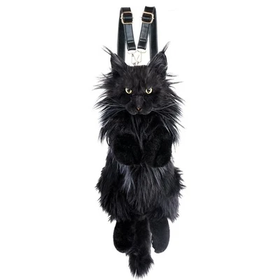 Cat Shaped Backpack - Handcrafted Stuffed Animals Bag, Black Cat Plush Bag wi - Image 1 of 4