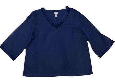 Chicos Size 2 Navy Linen Blend V-neck Top 3/4 Sleeve Fringe Boho Peasant Western - Image 1 of 4