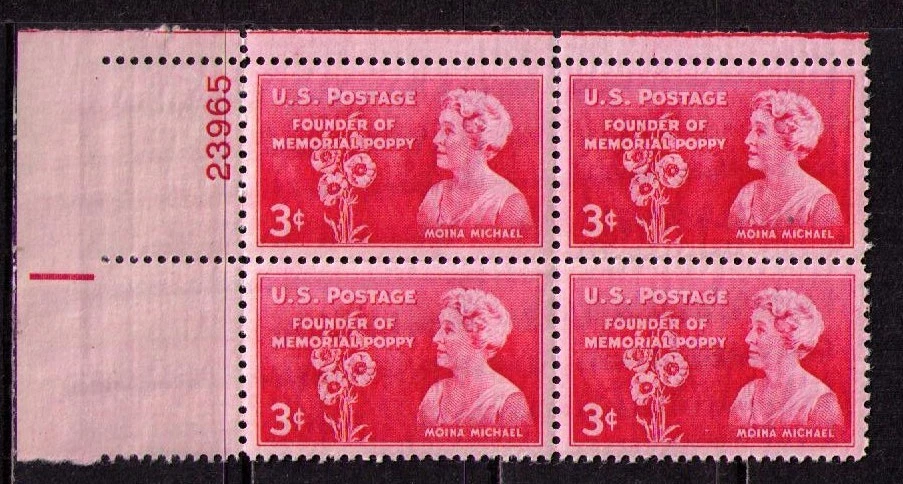 US USA Sc# 977 MNH FVF PLATE# BLOCK Moina Michael Poppy Flower - Image 1 of 1