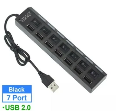 4 oder 7 Fach USB Hub Netzteil Verteiler für PC Laptop mit Schalter Schwarz NEU - Bild 1 von 4