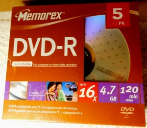 Memorex Prod. Inc.~DVD-R 5pk 16x 4.7GB 120min Recordable New Discs Sealed DVD's - Picture 1 of 20