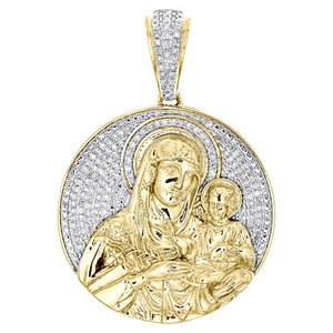 10K Yellow Gold Diamond Mother Mary & Baby Jesus Pendant Medallion Charm 1/4 CT - Picture 1 of 6