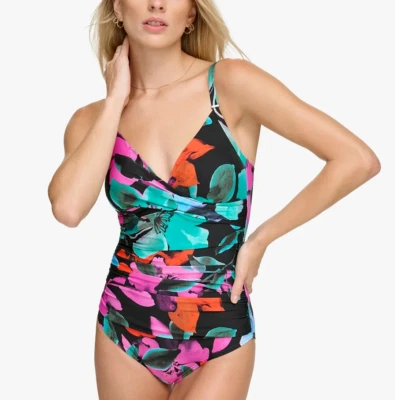 Calvin Klein Women Sz 6 Twist Front Swimsuit Multi Hibiscus One-Piece Slimming - Image 1 of 4