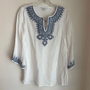 J. Jill love linen women 100% linen Embroidered White and Blue Women's Top tunic - Picture 1 of 11