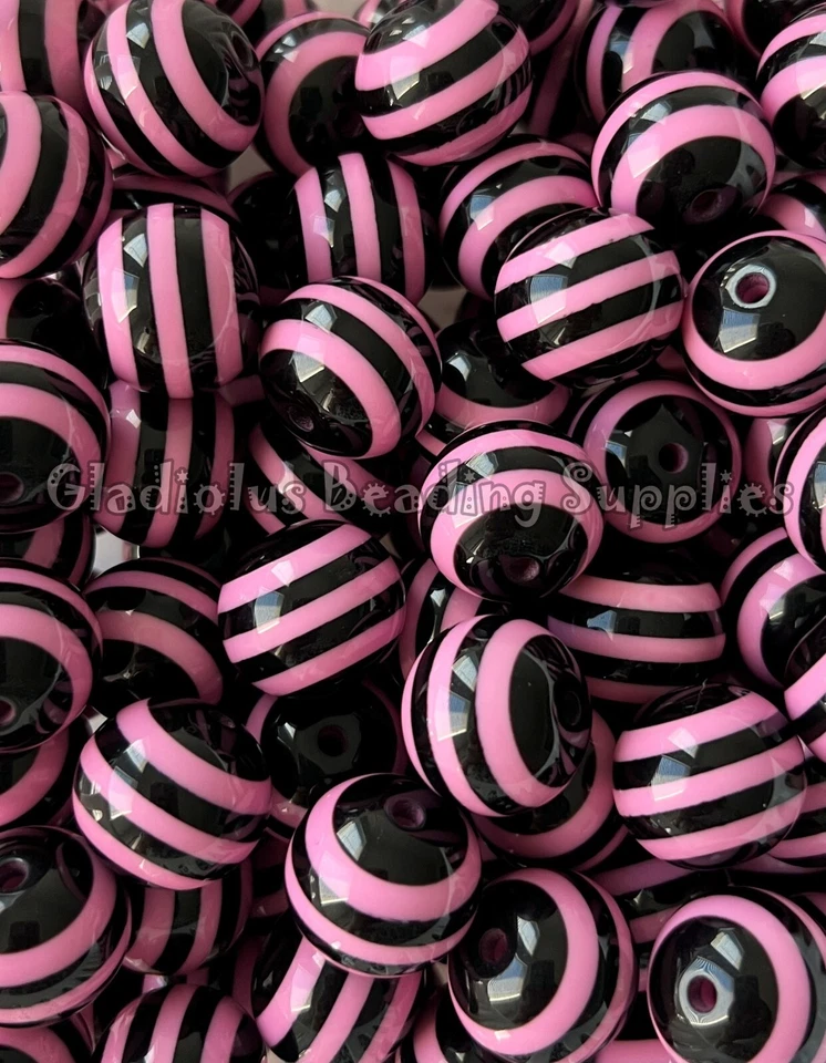10 Pcs 20mm Pink/Black Striped Acrylic Beads, Bubblegum Beads, Chunky Beads - Image 1 of 1