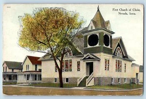 1912 Erste Kirche Christi Gebäude Turm Treppe Eingang Nevada Iowa Postkarte - Bild 1 von 2
