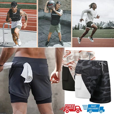 Men Running Shorts 2 in 1 Sports Jogging GYM Fitness Training Quick Dry Pants AU - image 1 of 4