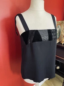Top cami Art Deco Louis Feraud nero 100% seta bordo velluto per adattarsi taglia UK 14 - Foto 1 di 17