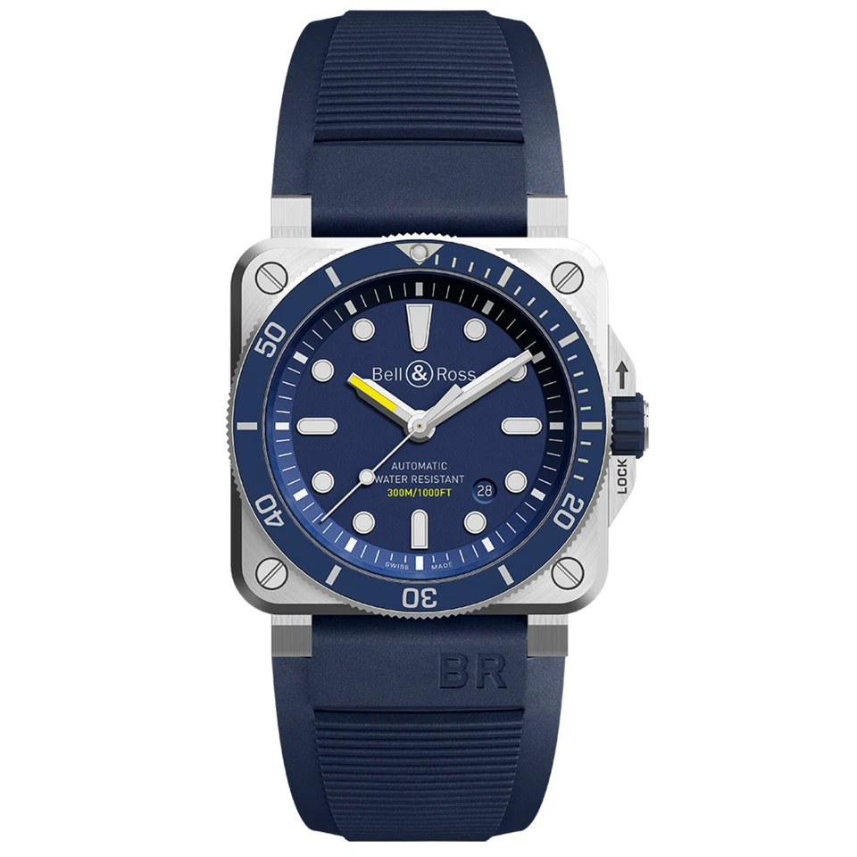 Bell & Ross BR 03-92 42 mm Silver Stainless Steel Case with Blue Rubber Strap Men's Wristwatch (BR0392DBUSTSRB)