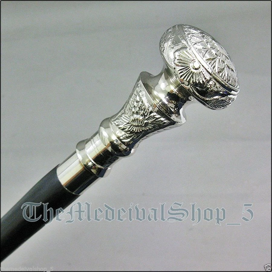Designer  Walking Cane Wooden Walking Stick Silver Brass Handle Knob Gift - Image 1 of 4