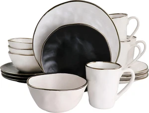 Roman 16 Piece Stoneware Dinnerware Set in Assorted Matte with Gold Rim, ELM-MAT - Picture 1 of 10