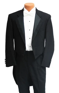Men's Black Tuxedo Tailcoat 100% Wool with Satin Notch Lapels Long Tails 41S - Picture 1 of 5