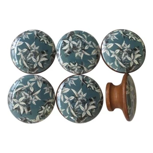 Set of 6 Blue Palms Tropical Wood Cabinet Knobs, Drawer Pulls, Beachy Decor, - Picture 1 of 3