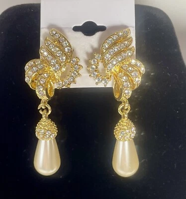 Cathys Concepts Pierced Earrings Goldtone Rhinestone Ribbons Faux Pearl Drop - Image 1 of 4