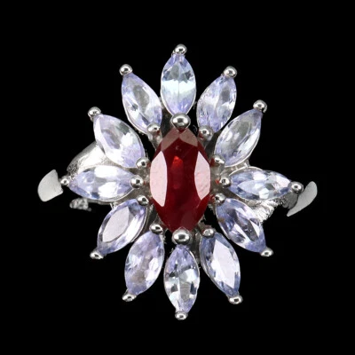Anello In Argento Sterling 925 Con Rubino Marquise E Gemma Di Tanzanite Taglia 8 - Immagine 1 di 4