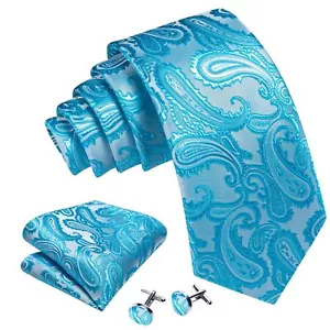 Men's Pale Blue Paisley 100% Silk Neck Tie With Matching Hanky And Cufflinks Set - Picture 1 of 3