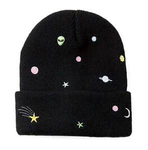 OUT OF THIS WORLD Wraparound Embroidered Soft Knit BLACK Beanie Cap / Hat - Picture 1 of 4