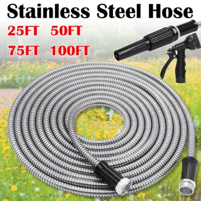 25/75/100FT Stainless Steel Water Hose Pipe Metal Garden Nozzle Connector AU - image 1 of 4