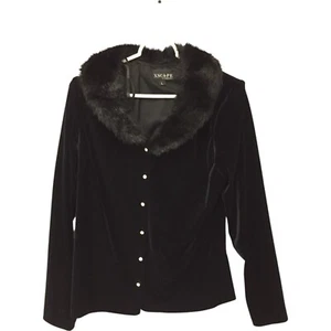 Xscape Lawrence Kurtz Button Up Velvet Jacket Black Faux Fur Collar Women's L - Picture 1 of 7
