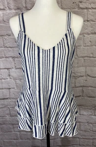 Chaser L Blue Striped Linen Ruffle V-Neck Tank Top Blouse Spaghetti Strap 9077 - Picture 1 of 7