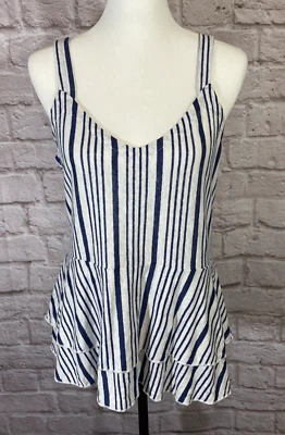Chaser L Blue Striped Linen Ruffle V-Neck Tank Top Blouse Spaghetti Strap 9077 - Image 1 of 4