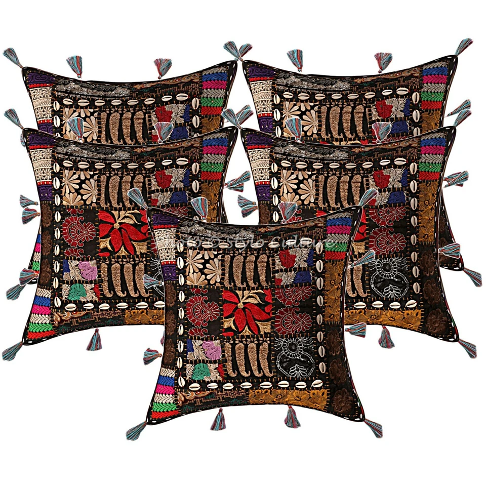 Boho Hippie Yoga Pillow Case Cushion Cover Black Patchwork Embroidered - Image 1 of 4