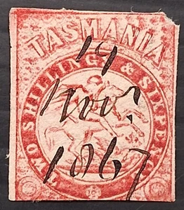 1863 Tasmania Australia 2/6- Carmine Imperf St George&Dragon stamp Used Cat £275 - Picture 1 of 2