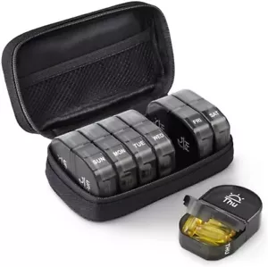 Pill Box | 7 Day 2 Times a Day, With Canvas Bag, Large AM/PM Pill Box (Black) - Picture 1 of 5