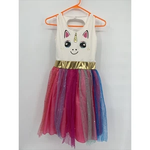 Girls Round Neck Sleeveless Tie Back Unicorn Tank Tutu Dress Multicolor Size XL - Picture 1 of 9