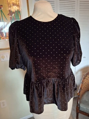 Blusa de Terciopelo Negra Nanette Lepore Nueva con Etiquetas Talla Mediana Lunares Dorados Manga Abullonada  Foto 1 de 4