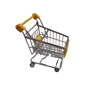 Mini Silver & Yellow Metal Grocery Shopping Cart - Dolls & Holiday Elf 5" LG - Picture 1 of 5