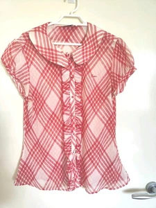 Guess Pink and white plaid blouse with ruffle collar and buttons Size L - Bild 1 von 1