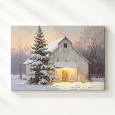 Acogedor arte de pared de escena navideña campestre pacífico lienzo de granero de invierno Foto 1 de 4