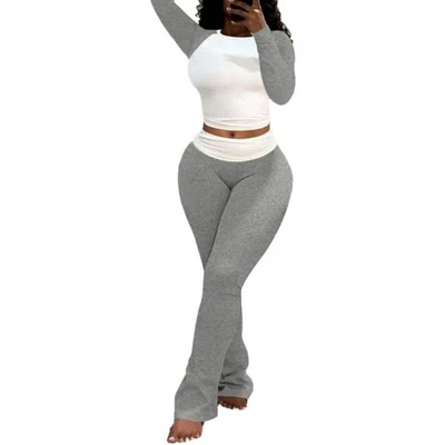 Roupas femininas 2 peças tops calças de moletom colorblock bodycon conjuntos lounge agasalho - Imagem 1 de 4