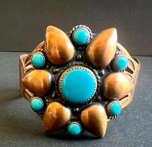 Vintage 100% Copper and Polished Turquoise Cuff Bracelet Cactus Blossom Design - Picture 1 of 7