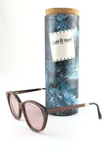 NEW VINTAGE GOLD & WOOD CAT EYE LIGHT PINK LENSES SUNGLASSES 1980'S FRANCE - Picture 1 of 9