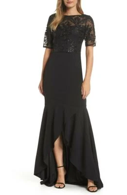 New Adrianna Papell Sequin High-Low Gown in Black [PETITE SZ 2P ] #E555 - Image 1 of 4