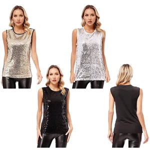Womens Tank Evening Vest Sleeveless Top Slim Fit T-shirts Fully Lining Sequin - Picture 1 of 39