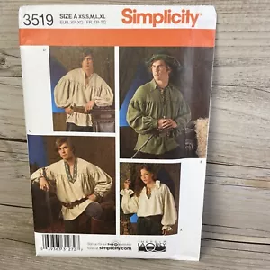 Simplicity 3519 Sewing Pattern Pirate Renaissance Poet Shirt Tunic XS-XL UNCUT - Picture 1 of 3