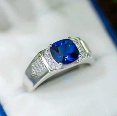 Anillo de compromiso para hombre 2,56 quilates cojín zafiro creado en laboratorio plata de ley 925 Foto 1 de 4