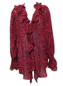 Chicos Design 2 All Silk Rüschen V-Ausschnitt Bluse L rot schwarz Poet Top Langarm - Bild 1 von 11