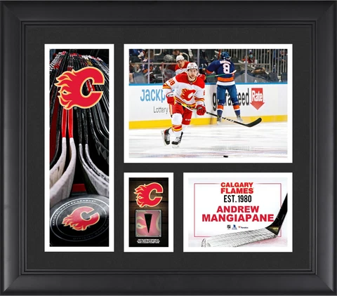 Andrew Mangiapane Calgary Flames FRMD 15" x 17" Collage with a Piece of GU Puck Cover