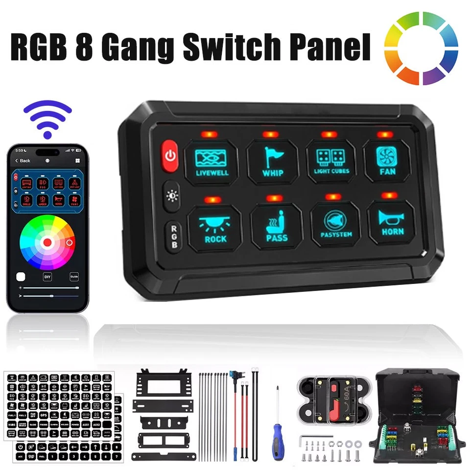 Wireless 8 Gang Switch Panel Circuit Control Box For LED Light Bar 12/24V Marine - Изображение 1 из 4