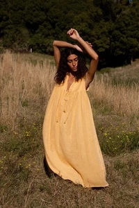 Maxi Vestido Hijas de la India Talla L Aalia Amarillo Caléndula Gasa Algodón - Imagen 1 de 12